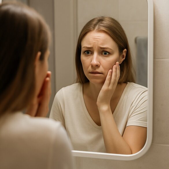 Women looking in the mirror worried.
